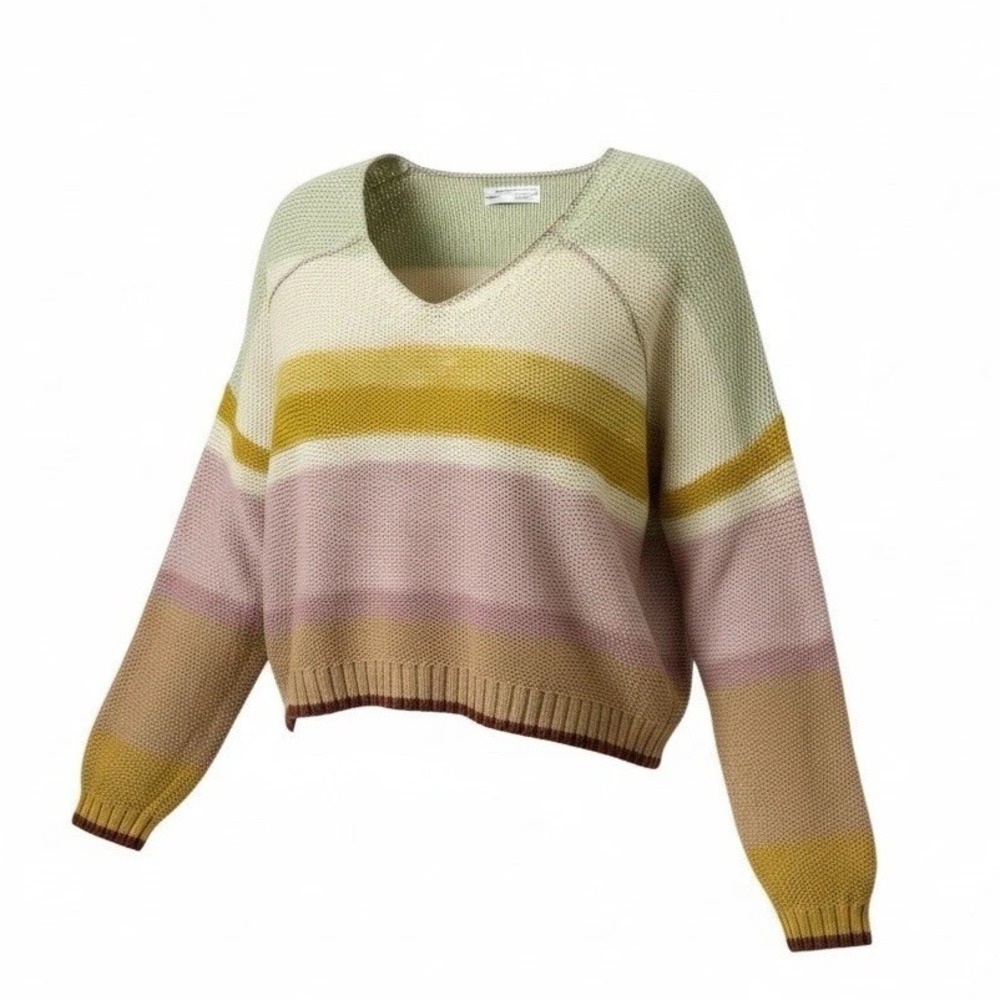 Anthropologie Women's Pullover Sweater V-Neck Striped Size L‎ Wool Blend Casual